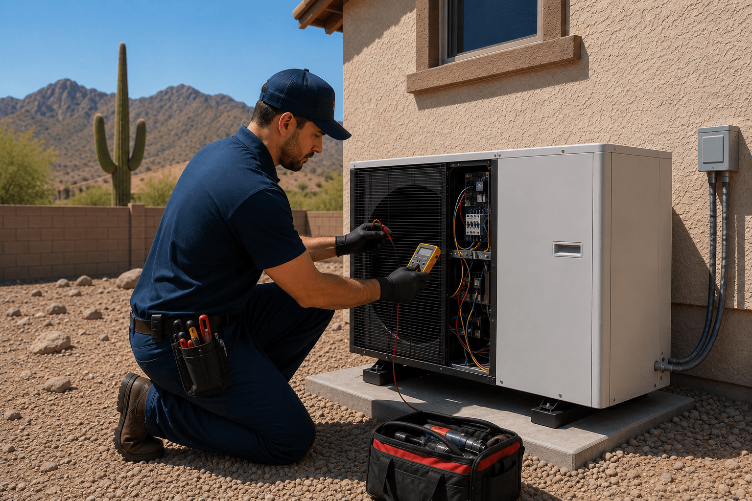 Technician testing an outdoor heat pump beside a desert home