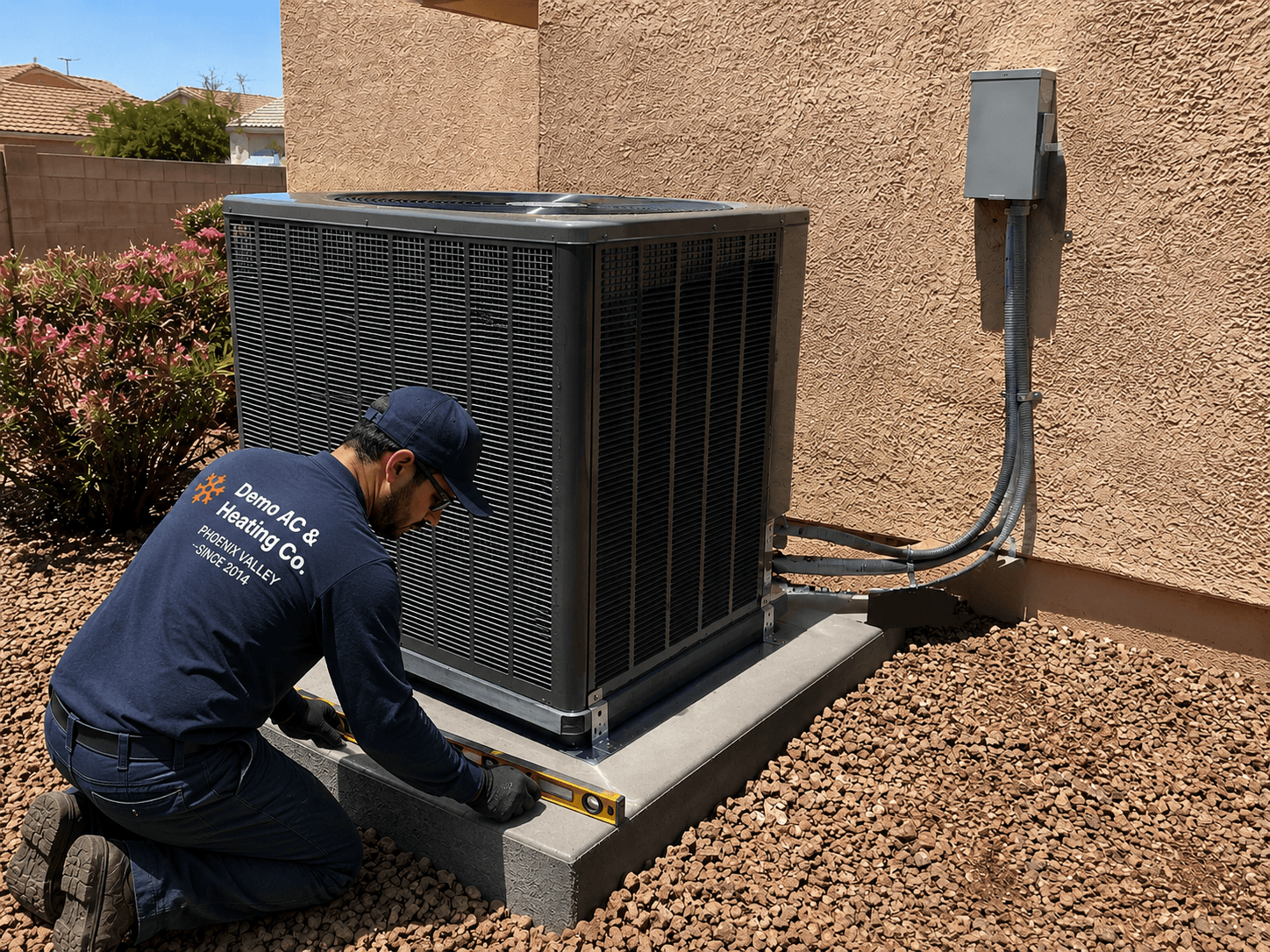 Technician leveling a new condenser pad during installation