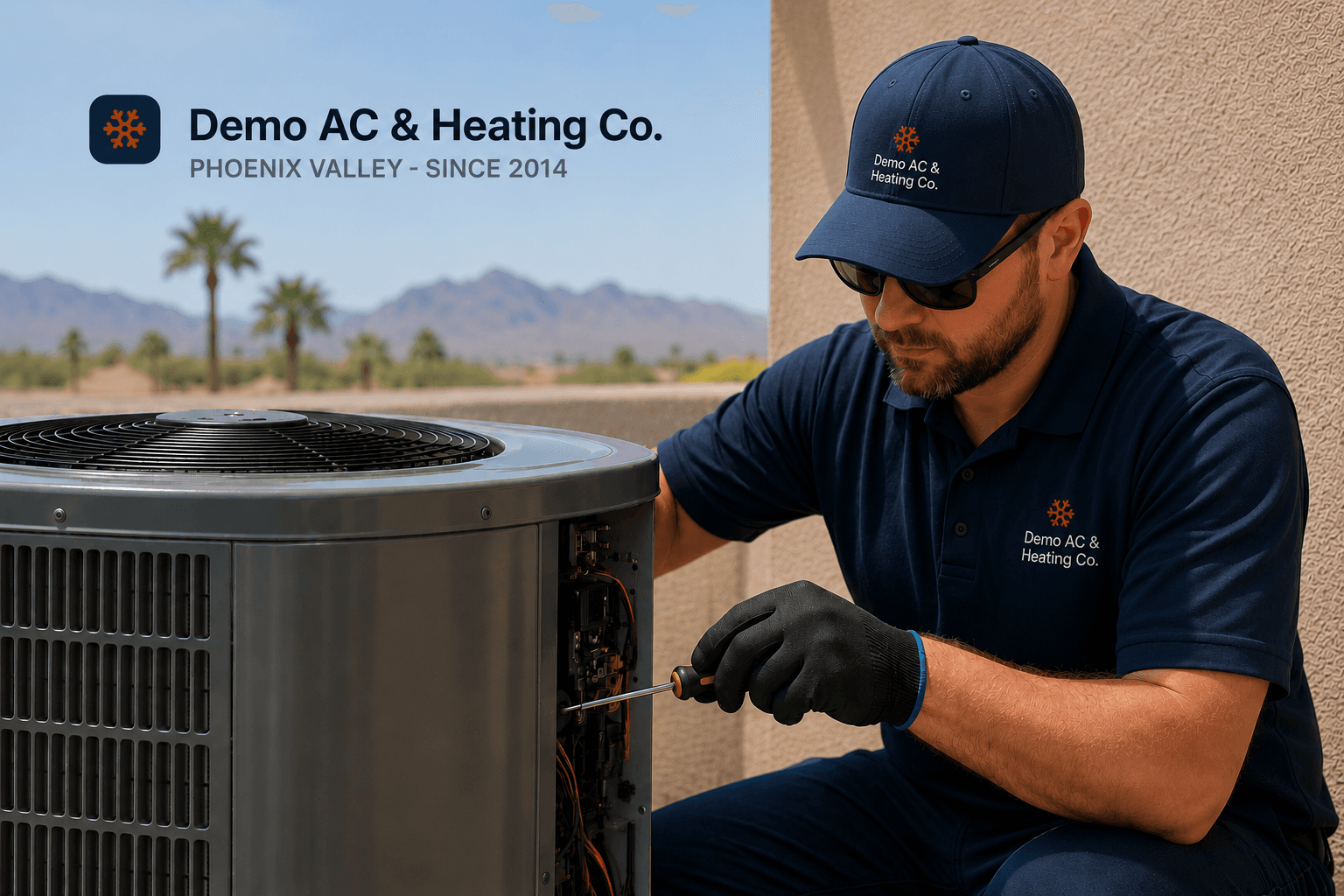 Technician repairing an outdoor condenser beside a Phoenix home