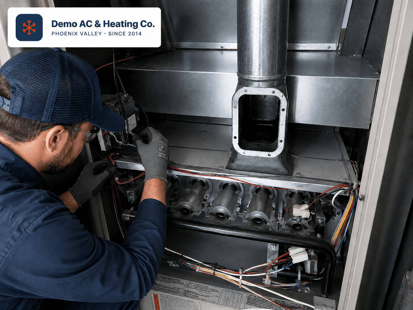 Technician servicing the interior of a residential furnace