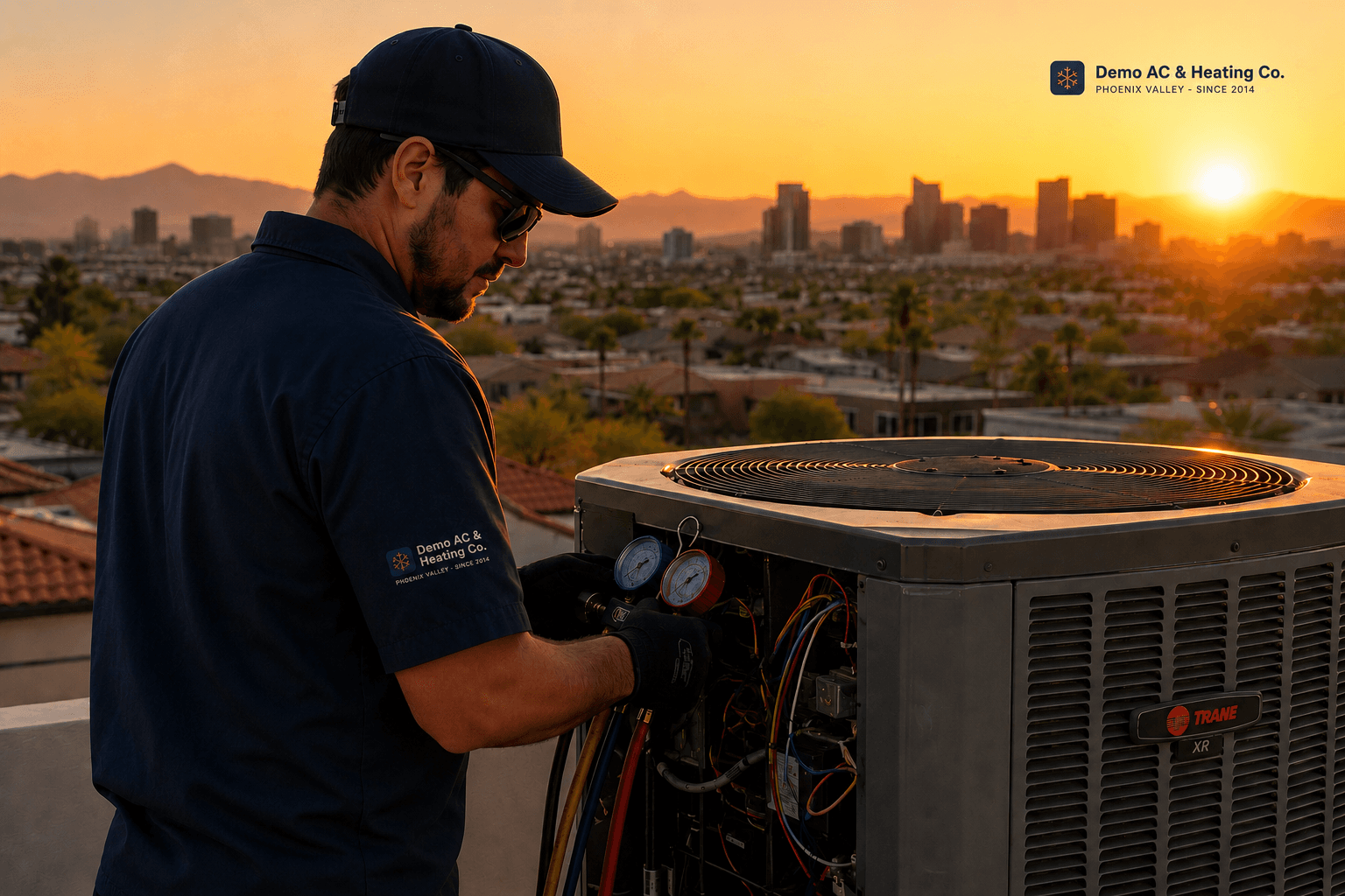 Technician servicing a rooftop condenser above the Phoenix skyline at sunset